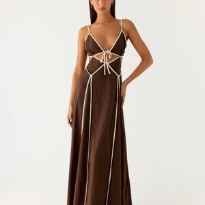 Peppermayo Brown Maxi Dress with Cream Trim and Cutout